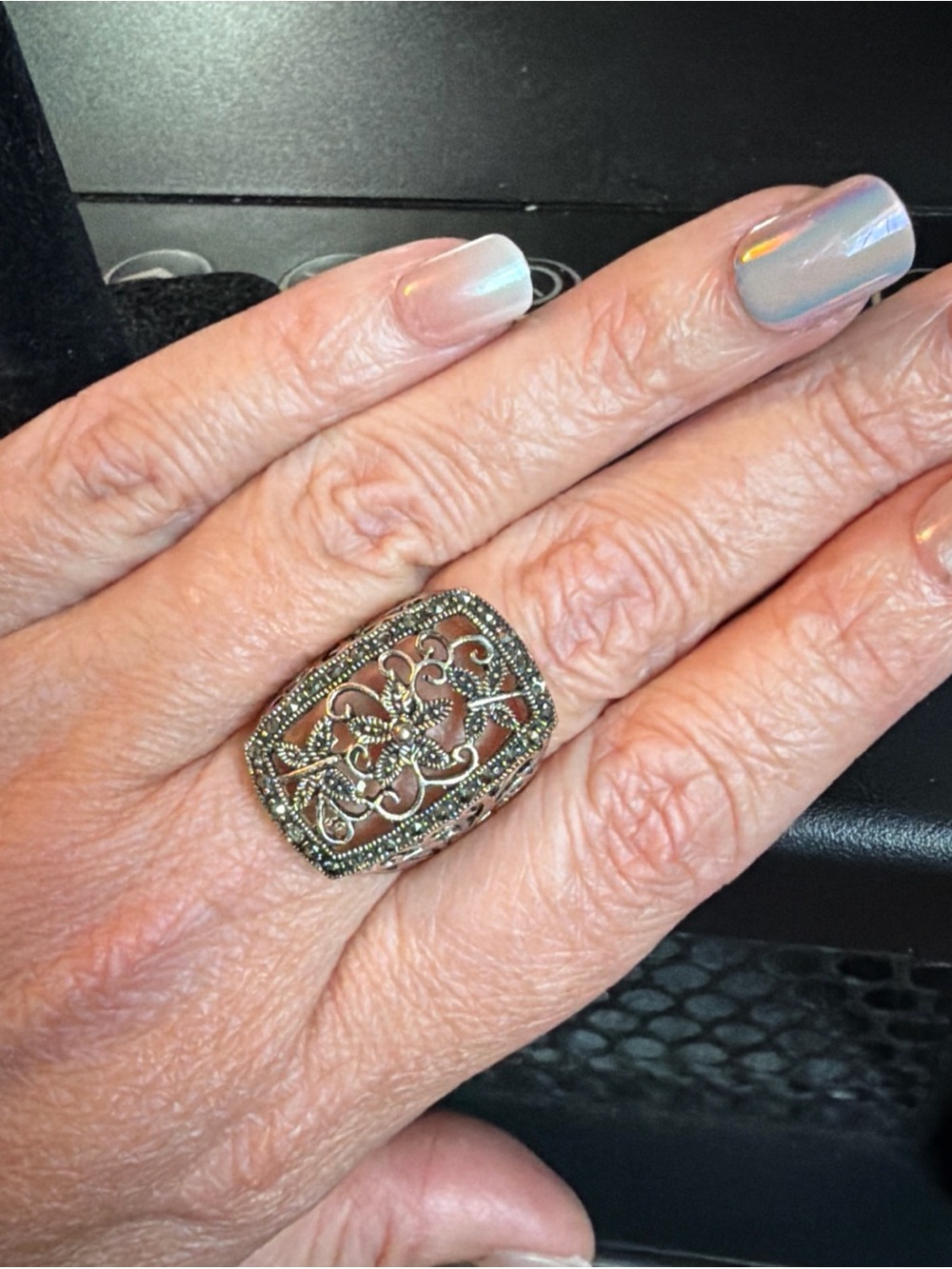 Ornate Floral Filigree Statement Ring Antique Butterfly and Flowers Size 8